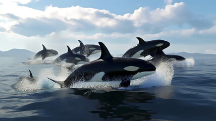 a pack of orcas swim through the ocean generative ai  - obrazy, fototapety, plakaty