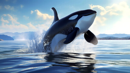 an orca jumps out of the water generative ai  - obrazy, fototapety, plakaty