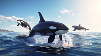a group of orcas jumps out of the water generative ai 