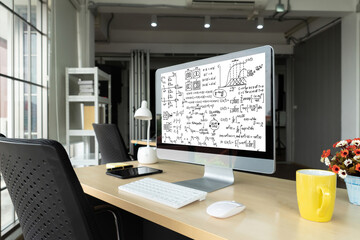 Mathematic equations and modish formula on computer screen showing concept of science and education