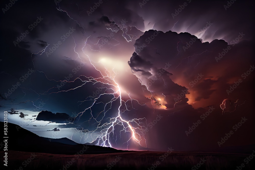 Sticker dramatic thunderstorm with lightning illuminating the night sky, created with generative ai