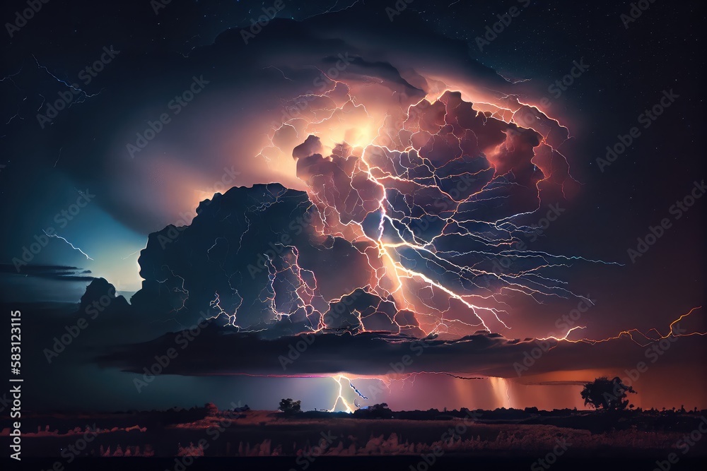 Sticker dramatic thunderstorm with lightning illuminating the night sky, created with generative ai