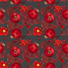 Pomegranate. Pattern - pomegranate fruits and flowers. Watercolor. 