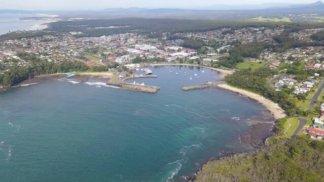 Aerial drone view of Ulladulla in the City of Shoalhaven, NSW, Australia, showing Ulladulla Harbour 