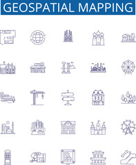 Geospatial mapping line icons signs set. Design collection of Geomapping, Geospatial, GIS, Mapping, Visualization, Surveying, Cartography, Analysis outline concept vector illustrations