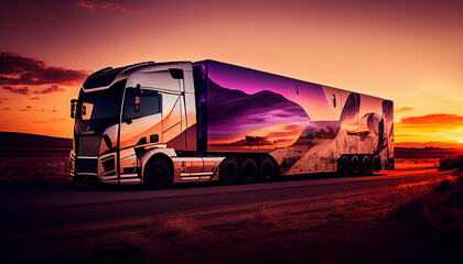 Obraz premium Truck driving through mountain pass at sunset ,generative AI