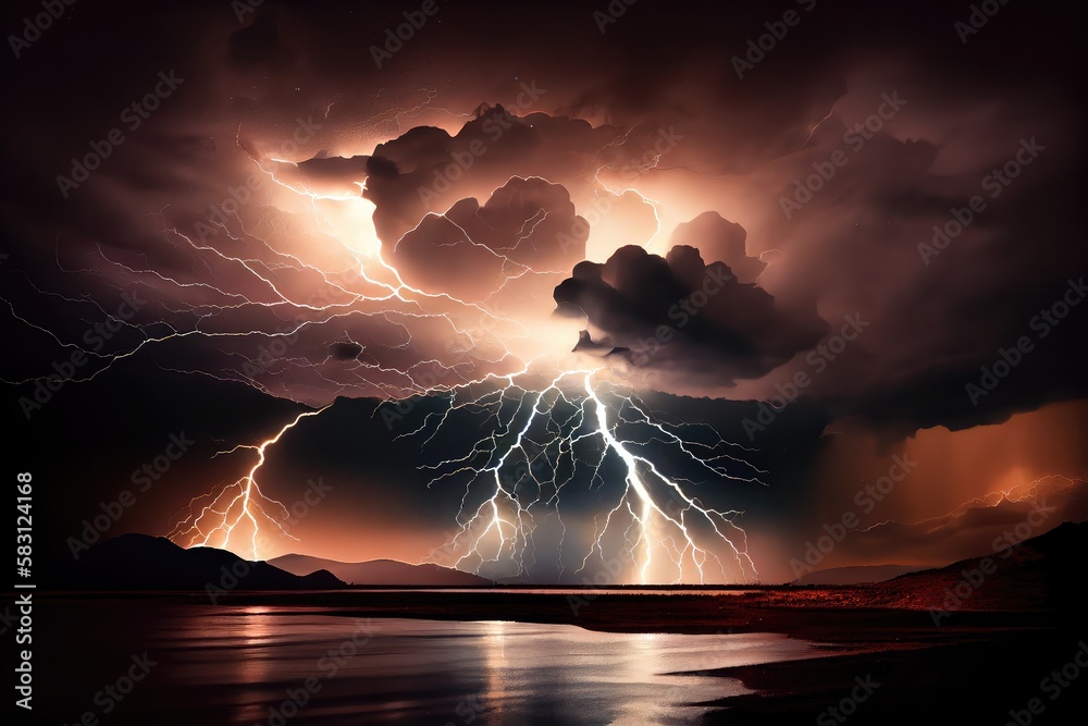 Poster dramatic thunderstorm with lightning bolts striking and illuminating the night sky, created with gen