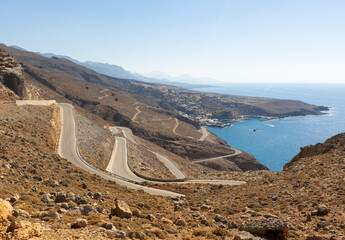 Beautiful landscape overlooking the highway descending to the sea, Greece, Crete