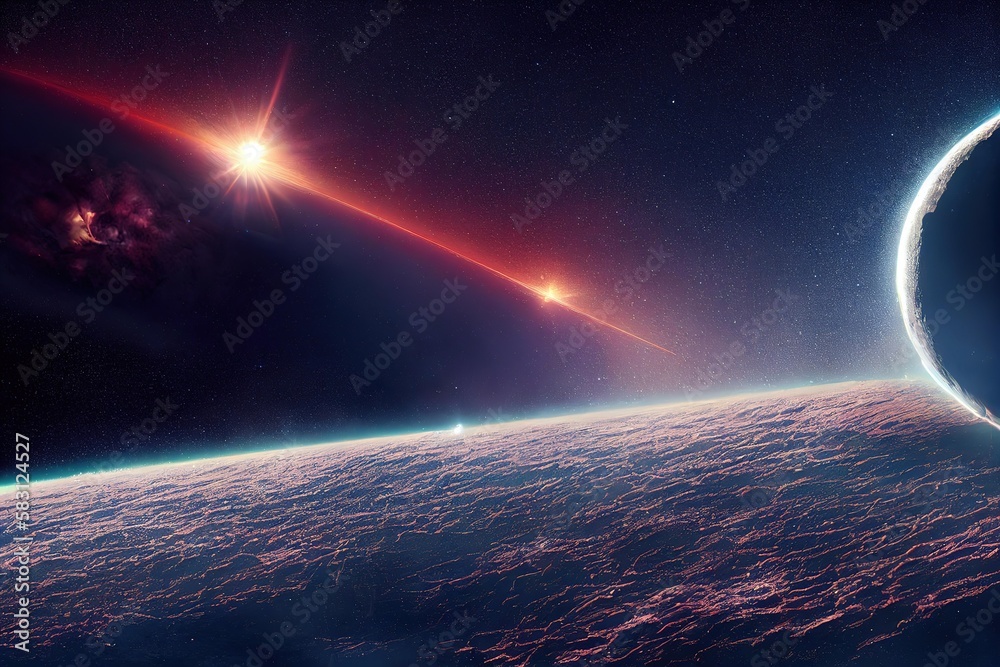 Wall mural asteroid and planet surface view from orbit in cosmos background digital illustration., created with