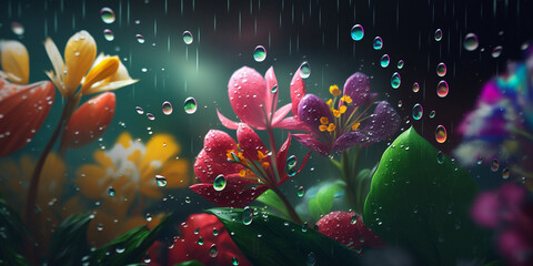 Radiant Rain: Spring Background Aesthetic with Refreshing Raindrops and Colorful Florals
