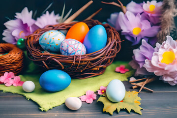 Obraz na płótnie Canvas Easter background, bunny and eggs, (generated ai)