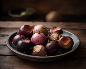 Obraz premium Luscious Mangosteen Halves Displayed on a Rustic Wooden Table