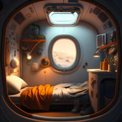 An interior design of a doomsday escape pod. A desert landscape can be seen through the window. 