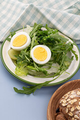 egg vegetables salad green leaves arugula.
