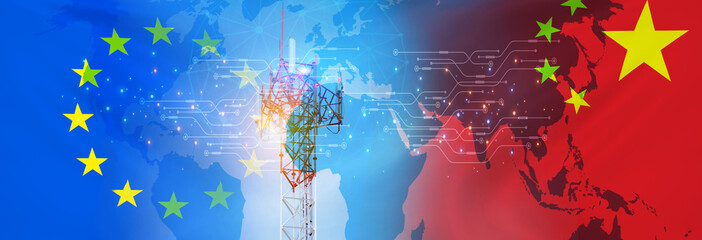 Chinese 5g technology in the EU concept. Telecommunication tower for 5g network. Europe and china flag. Communication technology. Mobile or telecom 5g network. Network connection business. 5g service.