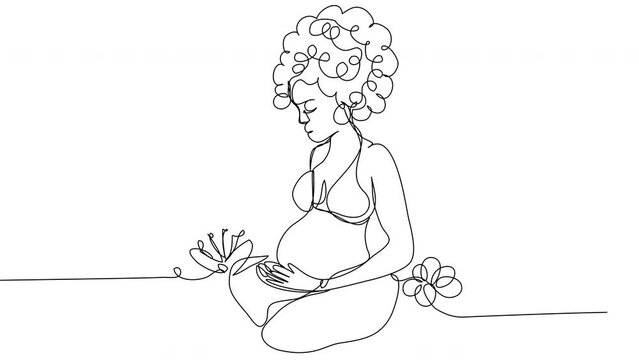 Self-drawing a pregnant woman holding her belly in flowers in one line on a white screen. The concept of women's health and procreation. 4k new life whiteboard with alpha channel. Stock video loop.