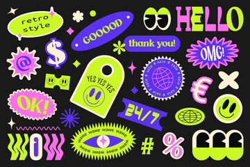Collection of trendy promo labels tags, stickers, stamps for shopping and packaging, discounts. Vector set Y2K modern trend.