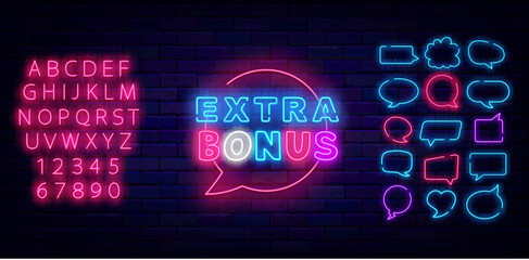 Extra bonus neon signboard on brick wall. Speech bubbles frames set. Vector stock illustration