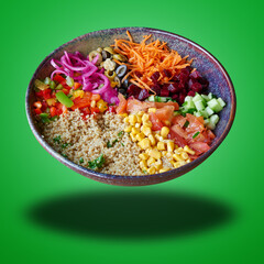 Floating Poke in bowl on green gradient background