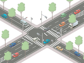 アイソメトリック図法で描いた日本の信号交差点イメージD / Isometric illustration : Japanese intersection