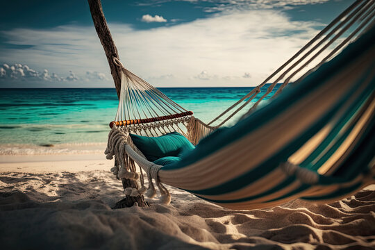Hammock on sand beach against beautiful sea landscape. Summer travel vacation concept. Created with Generative AI