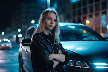 Plakat teens girl posing in front of future car. Night city view. generative AI
