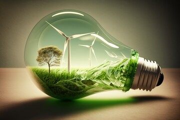 Light bulb with windmill turbine inside as a symbol of renewable green energy, ecology, earth day, save planet