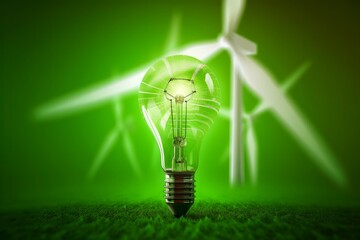 Light bulb with windmill turbine inside as a symbol of renewable green energy, ecology, earth day, save planet