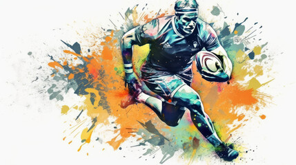 Abstract watercolor-style rugby player created with generative AI technology - obrazy, fototapety, plakaty