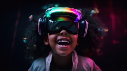 Portrait of African-American child wearing virtual reality headset. Vivid colors neon glowing HMD on girls`s face generative ai