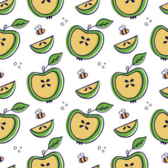 Apple fruit in doodle style. Seamless pattern. Can be used to fill web page background, textile, wrapping paper. Vector