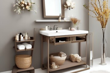 Cosmetic table with mirror, candles, dried flowers. Bathroom accessories. Home decor 8k - generative ai