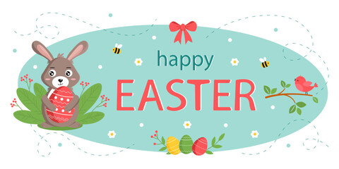 Happy Easter. Postcard or poster for the Easter holiday. Easter bunny and eggs. Vector illustration