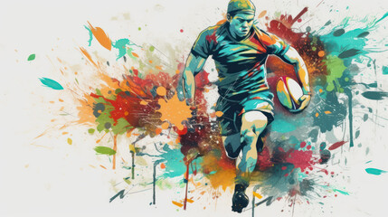 Fototapeta na wymiar Abstract watercolor-style rugby player created with generative AI technology