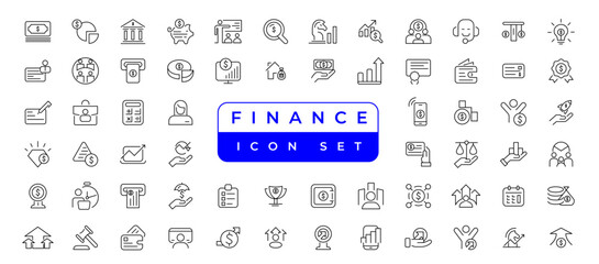 business and finance Vector set with money, bank, check, law, auction, exchance, payment, wallet, deposit, piggy, calculator, web and more isolated outline thin symbol