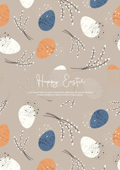Easter card with seamless pattern Easter eggs and a branch of willow in nature style. Vector for poster, print, postcard, invitation, greeting, tag.