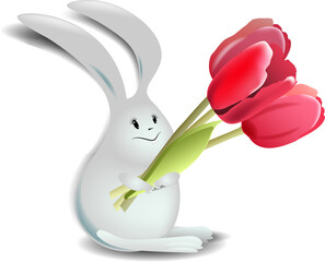 Cute white rabbit with a bouquet of tulips