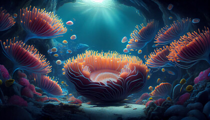 Obraz na płótnie Canvas Underwater reef, fish, and coral in blue ,generative AI