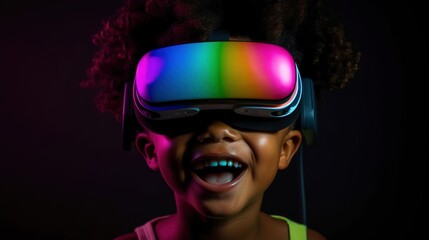 Portrait of African-American child wearing virtual reality headset. Vivid colors neon glowing HMD on boy`s face generative ai