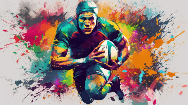 Abstract watercolor-style rugby player created with generative AI technology