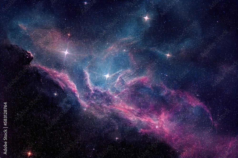 Poster outer space scene with glowing huge nebula galaxy background. deep mysterious universe filled young 