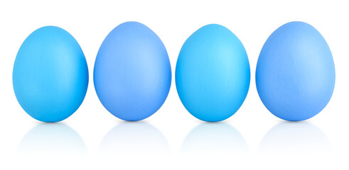 Four Easter eggs painted blue color. Monochrome minimalist isolated eggs with reflection. Banner