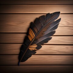 eagle feather top view on wooden table - generative ai