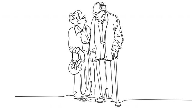 Self-drawing couple of pensioners in love by single line on white screen. Conceptual animation of love through the years. Stock 4k whiteboard video of a strong family with alpha channel.