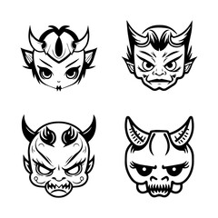 Delightful Hand drawn kawaii oni mask collection set, showcasing cute and charming line art illustrations of traditional Japanese folklore