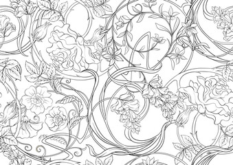 Decorative flowers and leaves in art nouveau style, vintage, old, retro style. Seamless pattern, background. Vector illustration. In art nouveau style, vintage, old, retro style.