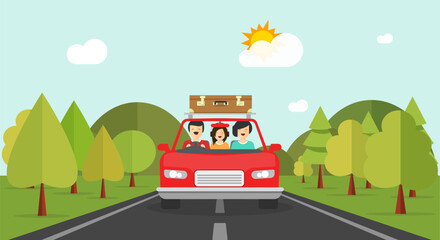 Road trip car vector as family travel vocation journey in summer highway forest cartoon flat humor comic nature landscape illustration image, mountains horizon graphic, adventure weekend scene image