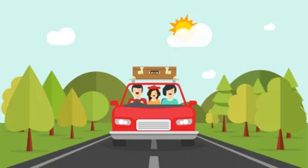 Foto op Canvas Road trip car vector as family travel vocation journey in summer highway forest cartoon flat humor comic nature landscape illustration image, mountains horizon graphic, adventure weekend scene image © vladwel