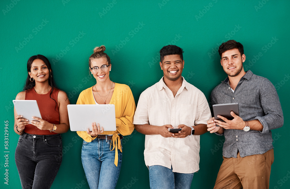 Aufkleber as business grows, so do our connections. portrait of a group of young designers using digital devic