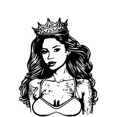 A stylish Chicano girl wearing a crown in black and white, rendered in intricate Hand drawn line art illustration